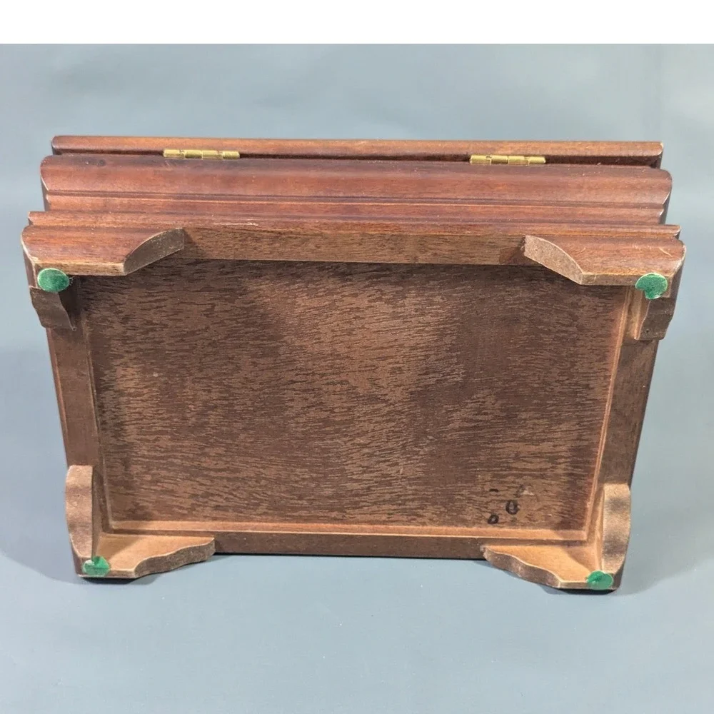 Vintage Wooden Jewelry Box Dark Wood Green Velvet Lining Carved Detail Organizer